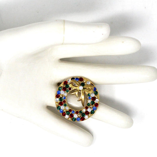 Brooch / Pin, Eisenberg Ice, Christmas Wreath with Bow Brooch, Colorful Rhinestones Gold Tone, Vintage