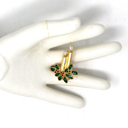 Brooch / Pin, Monet, Christmas Candle Brooch, Rhinestones & Enamel Holly Leaves, Gold Tone, Vintage