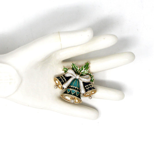 Brooch / Pin, Napier, Holiday Blue Bells Brooch with Rhinestone Dangles & Enamel, Gold Tone