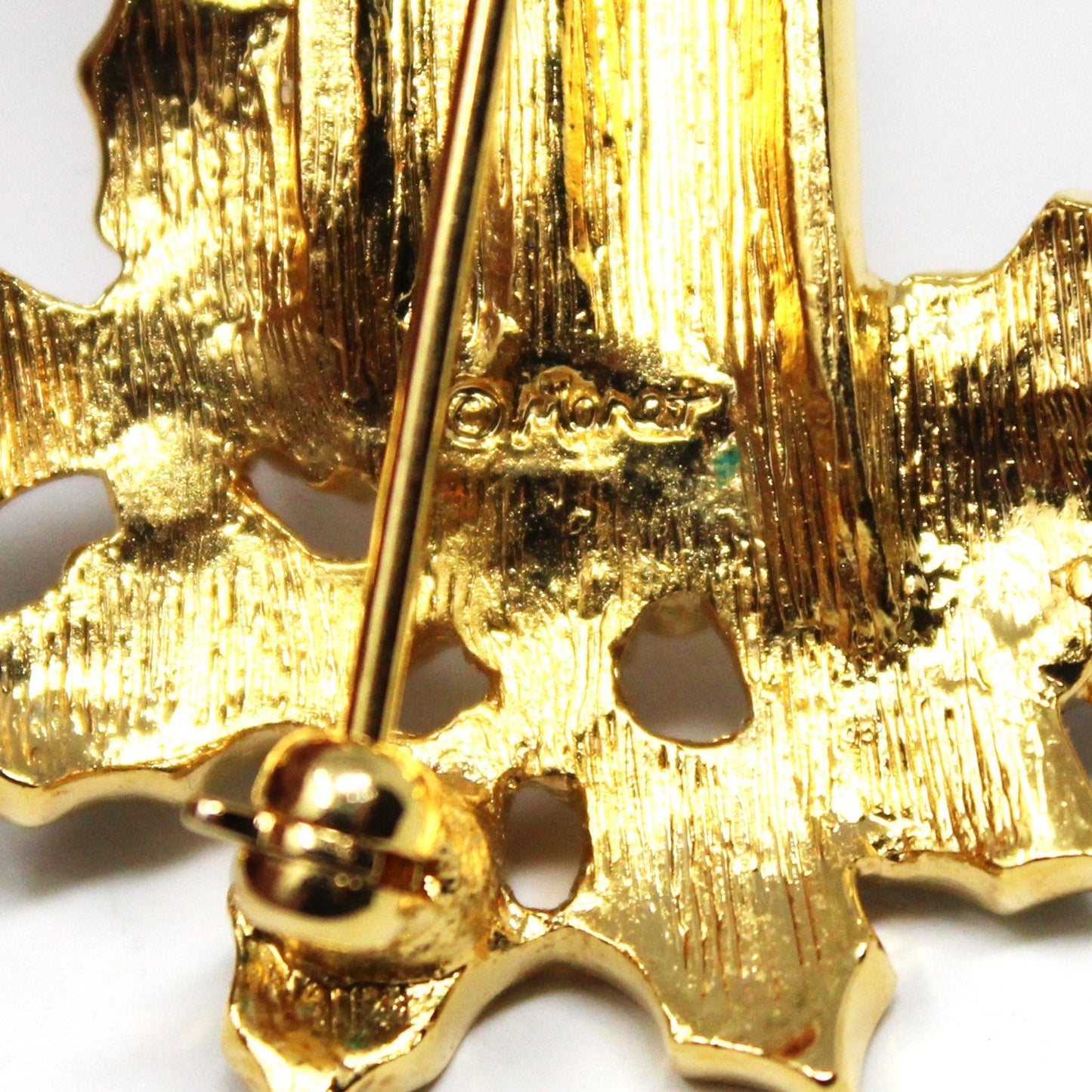 Brooch / Pin, Monet, Christmas Candle Brooch, Rhinestones & Enamel Holly Leaves, Gold Tone, Vintage