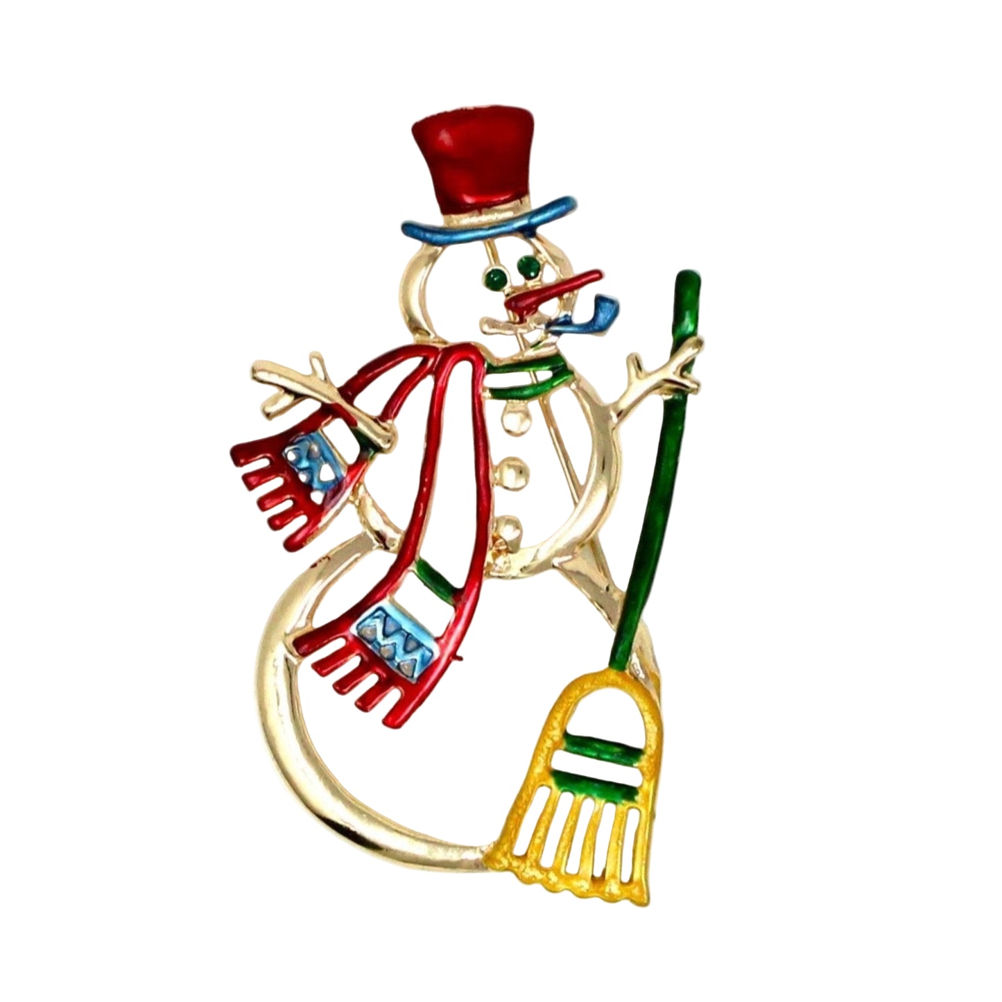 Colorful vintage snowman brooch with a top hat, scarf, and broom