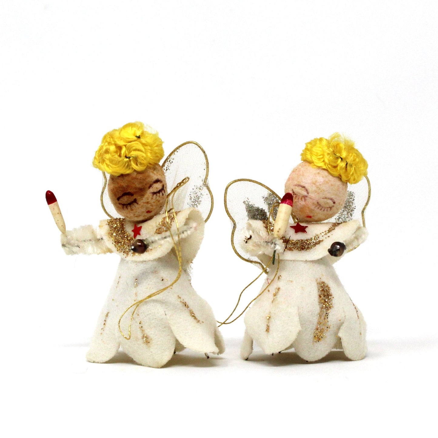 Ornaments, Angels Pipe Cleaner, Felt, Spun Cotton Christmas Angels Set of 2, Vintage Japan