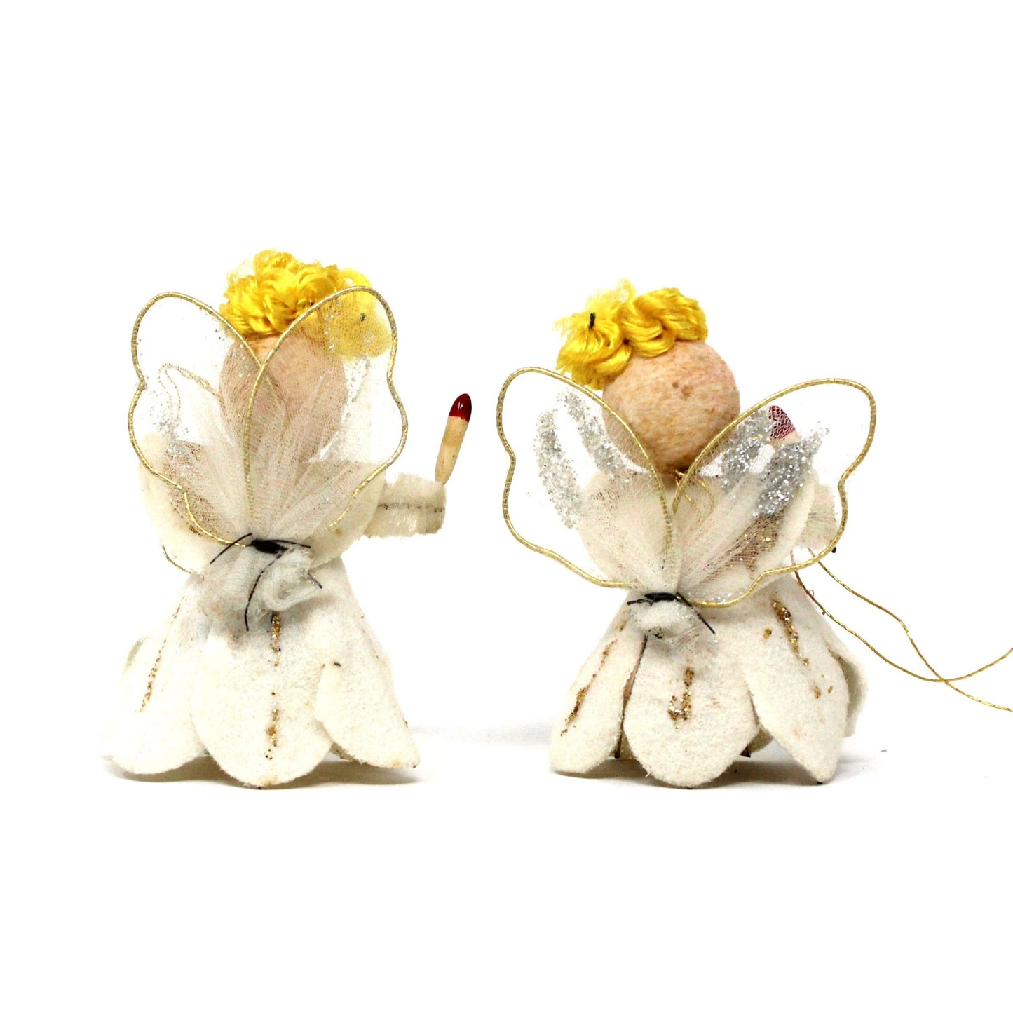 Ornaments, Angels Pipe Cleaner, Felt, Spun Cotton Christmas Angels Set of 2, Vintage Japan