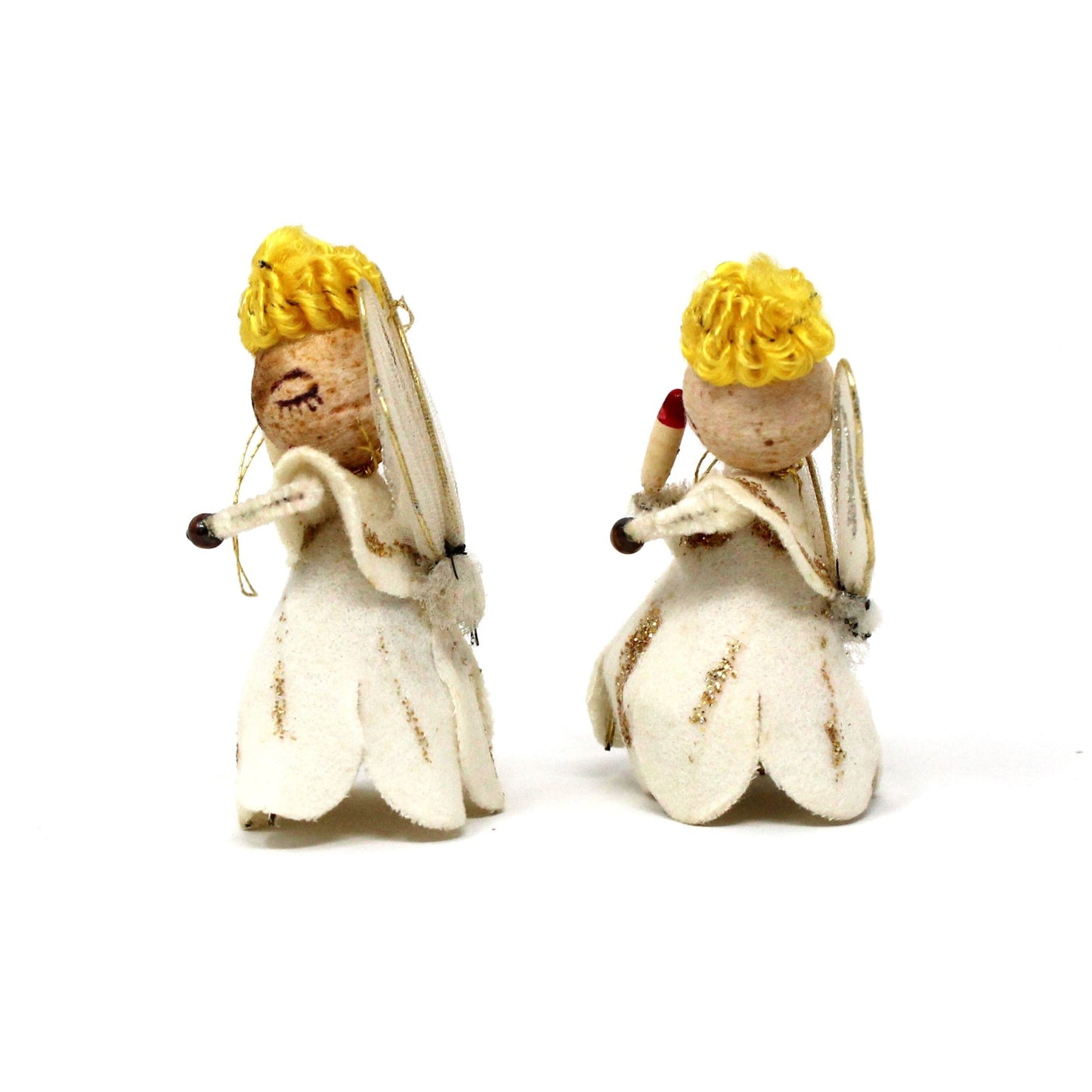 Ornaments, Angels Pipe Cleaner, Felt, Spun Cotton Christmas Angels Set of 2, Vintage Japan
