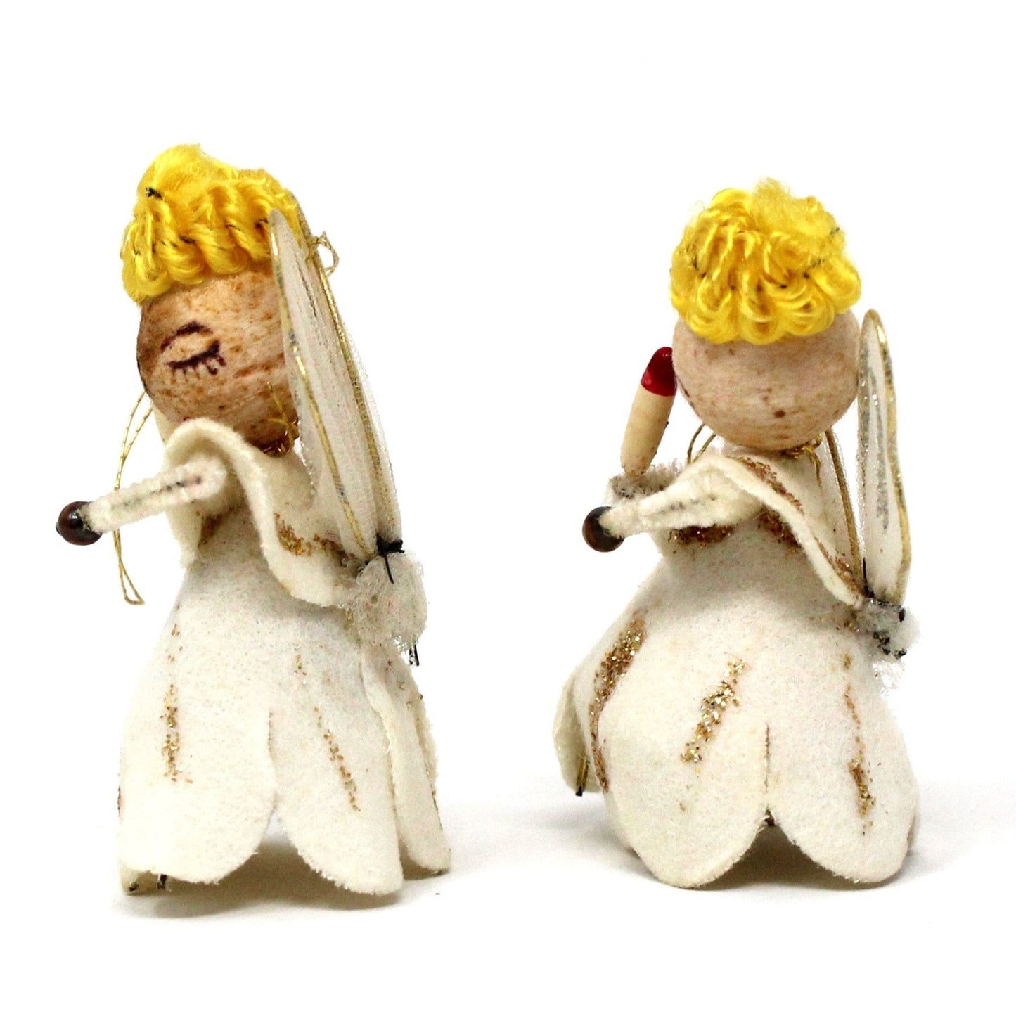 Ornaments, Angels Pipe Cleaner, Felt, Spun Cotton Christmas Angels Set of 2, Vintage Japan