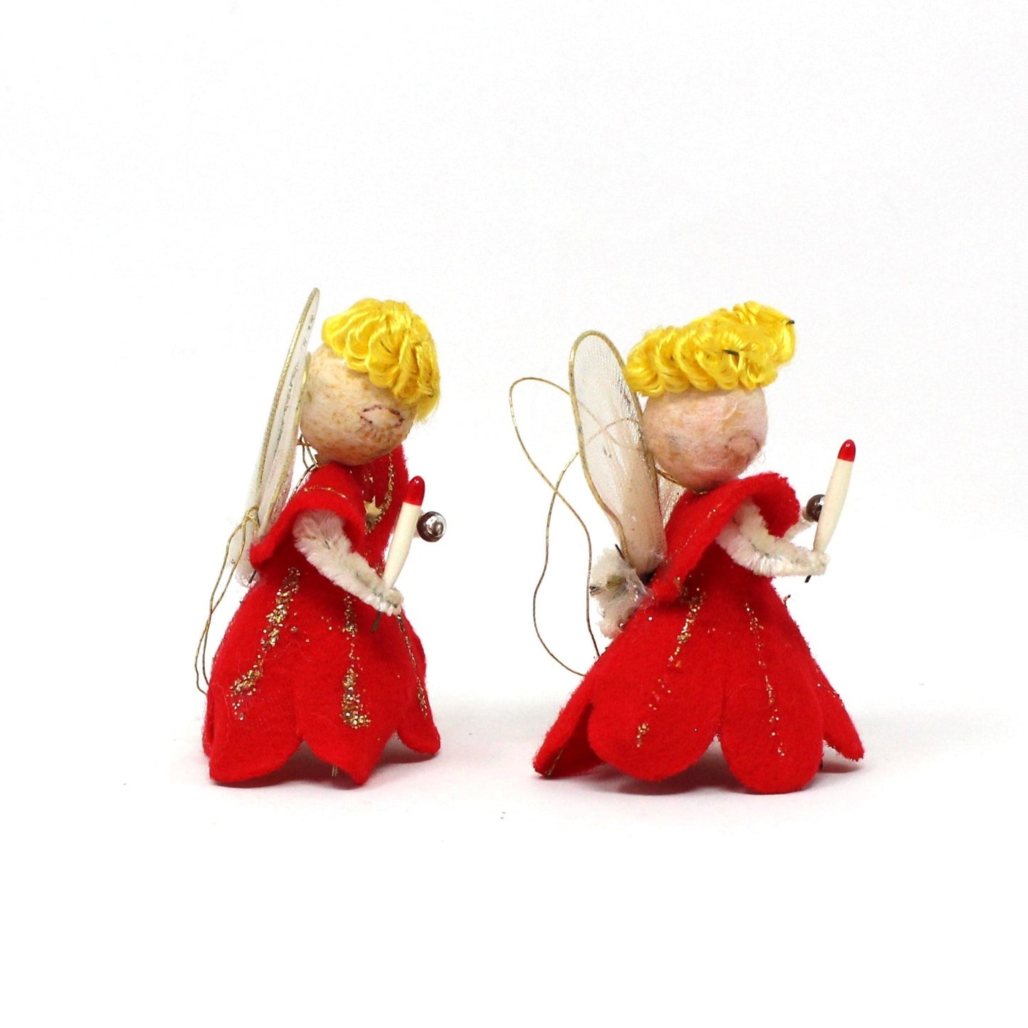 Ornaments, Angels Pipe Cleaner, Felt, Spun Cotton Christmas Angels Set of 2, Vintage Japan