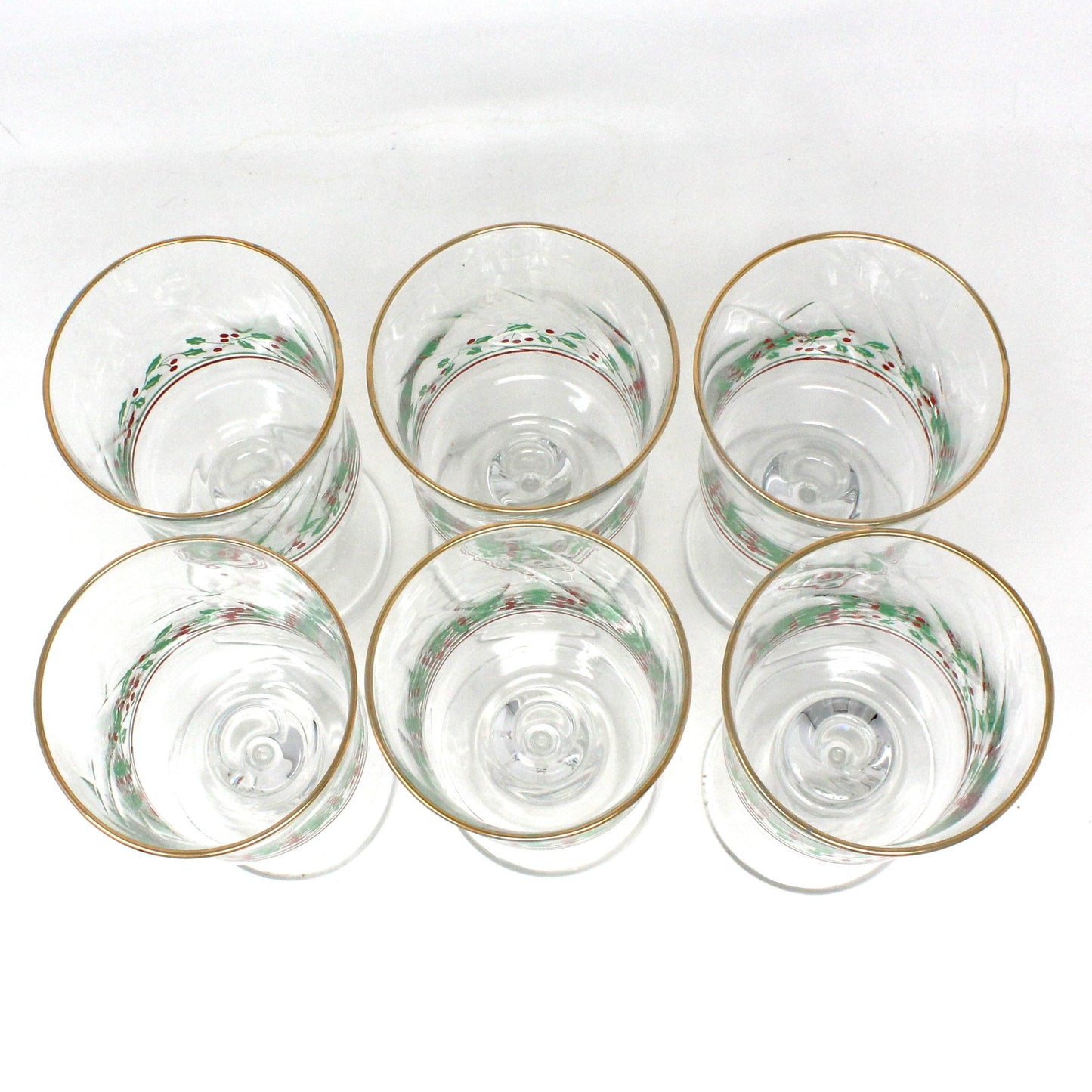 Water Goblets, Arby's, Christmas Collection, Holly & Berries, Gold Rim, Set of 6, Vintage Stemware