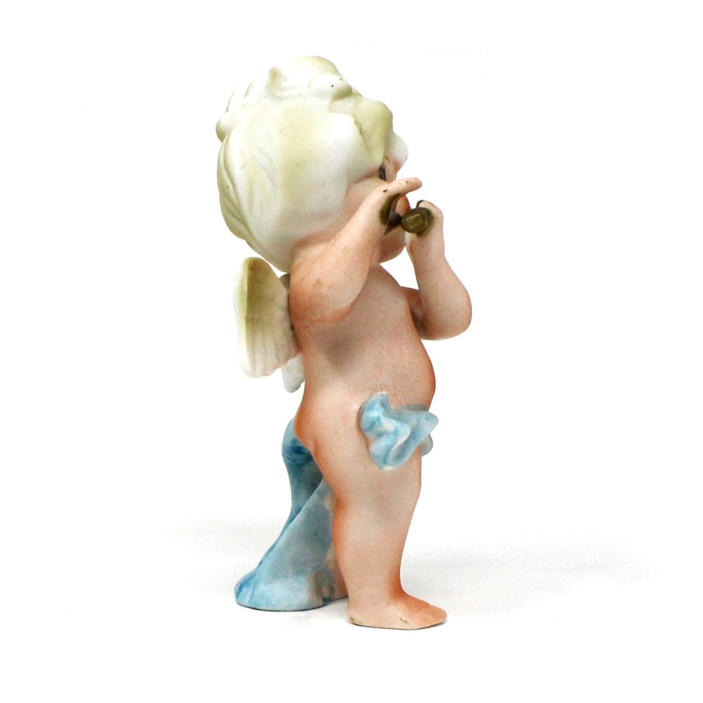Figurine, Cherub Angel Playing Flute, Blue Sash, Bisque Porcelain, Vintage
