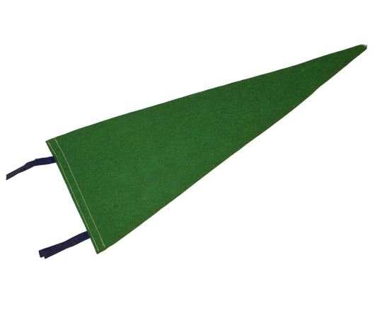 Back view of a vintage green felted wool triangular pennant flag. Front says: Greetings from Miami Florida.