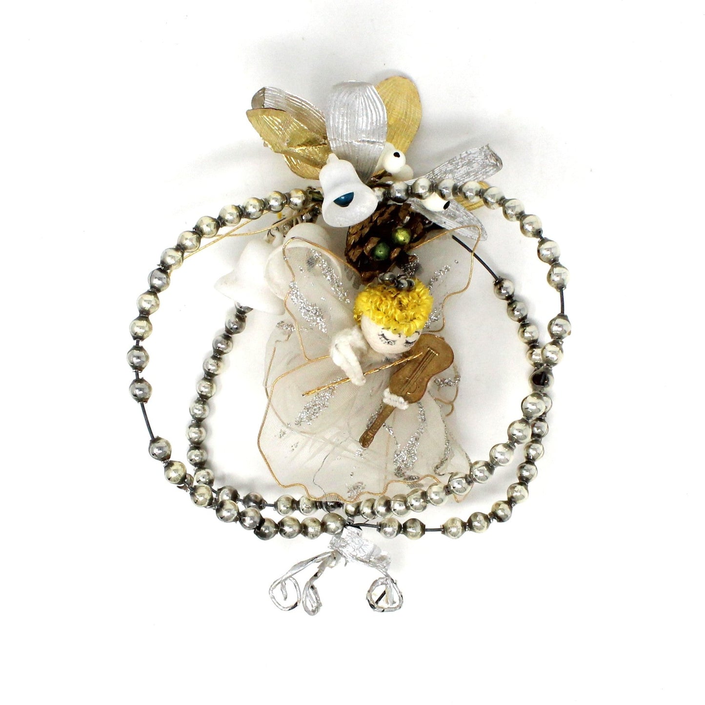 Ornaments, Angel Pipe Cleaner & White Tulle with Violin, Delta Novelty Co, Christmas Angel, Mercury Glass Beads, Hand Decorated, Vintage