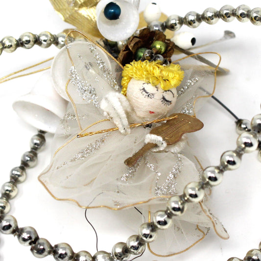 Ornaments, Angel Pipe Cleaner & White Tulle with Violin, Delta Novelty Co, Christmas Angel, Mercury Glass Beads, Hand Decorated, Vintage