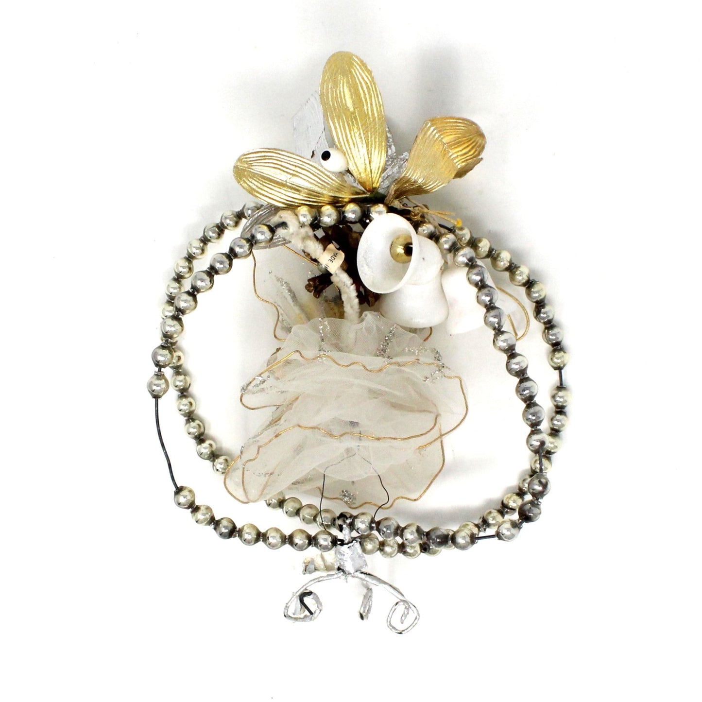 Ornaments, Angel Pipe Cleaner & White Tulle with Violin, Delta Novelty Co, Christmas Angel, Mercury Glass Beads, Hand Decorated, Vintage