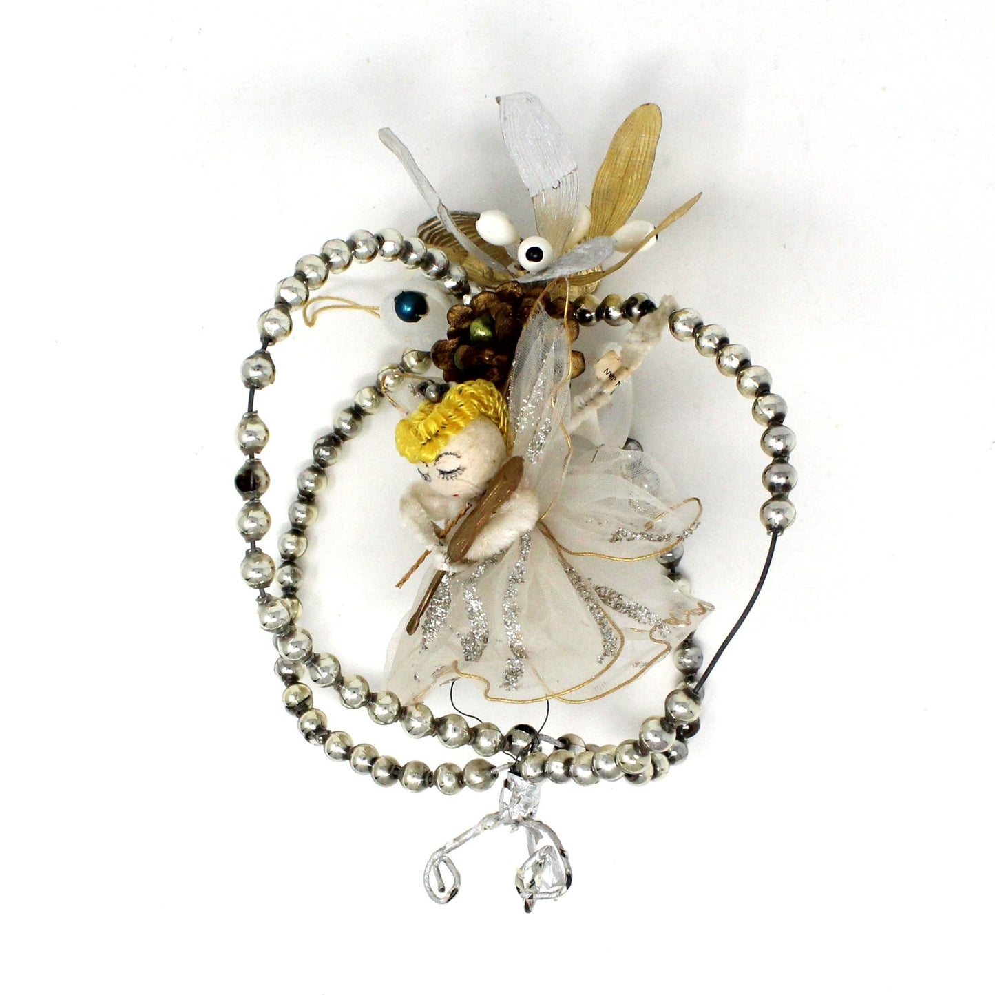 Ornaments, Angel Pipe Cleaner & White Tulle with Violin, Delta Novelty Co, Christmas Angel, Mercury Glass Beads, Hand Decorated, Vintage