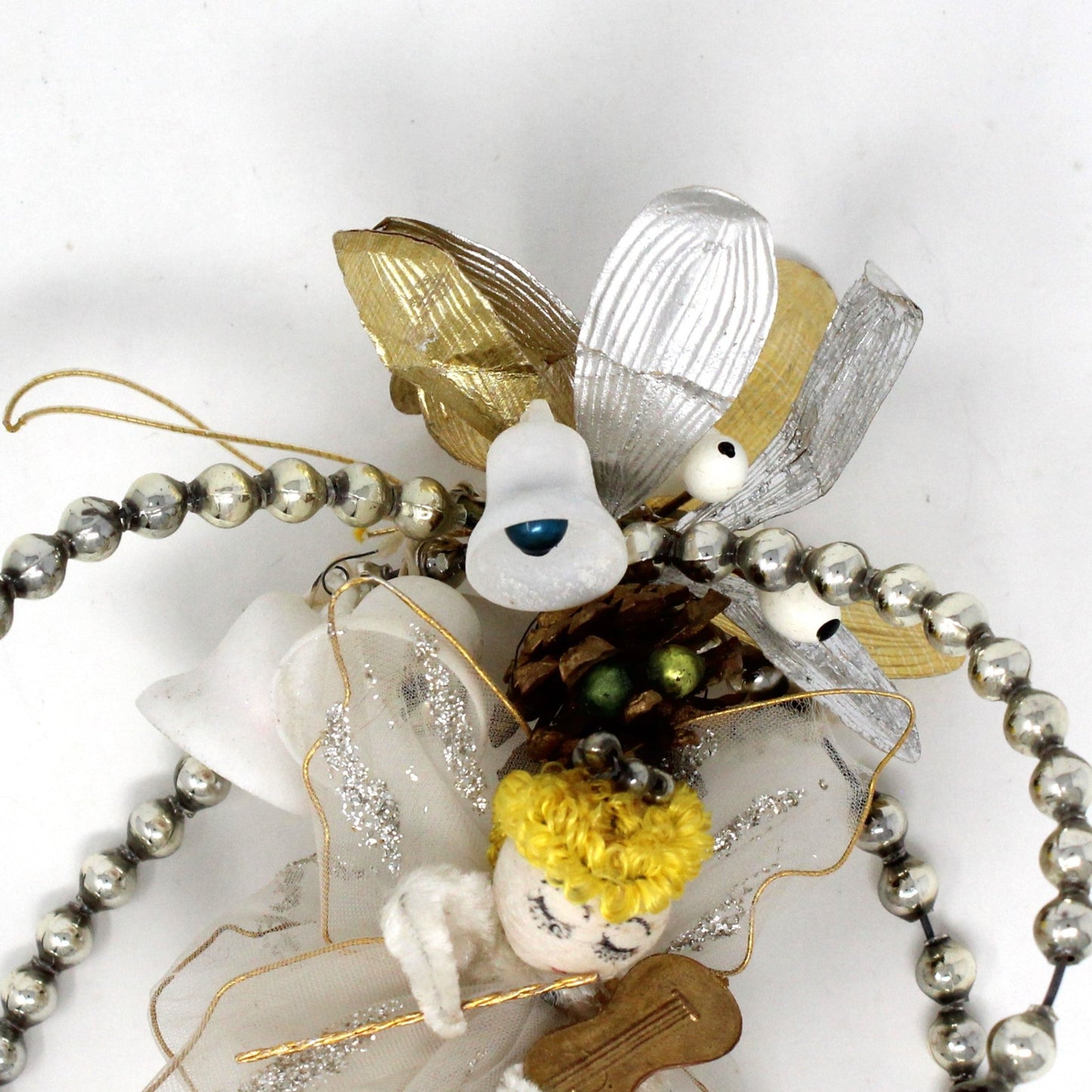 Ornaments, Angel Pipe Cleaner & White Tulle with Violin, Delta Novelty Co, Christmas Angel, Mercury Glass Beads, Hand Decorated, Vintage