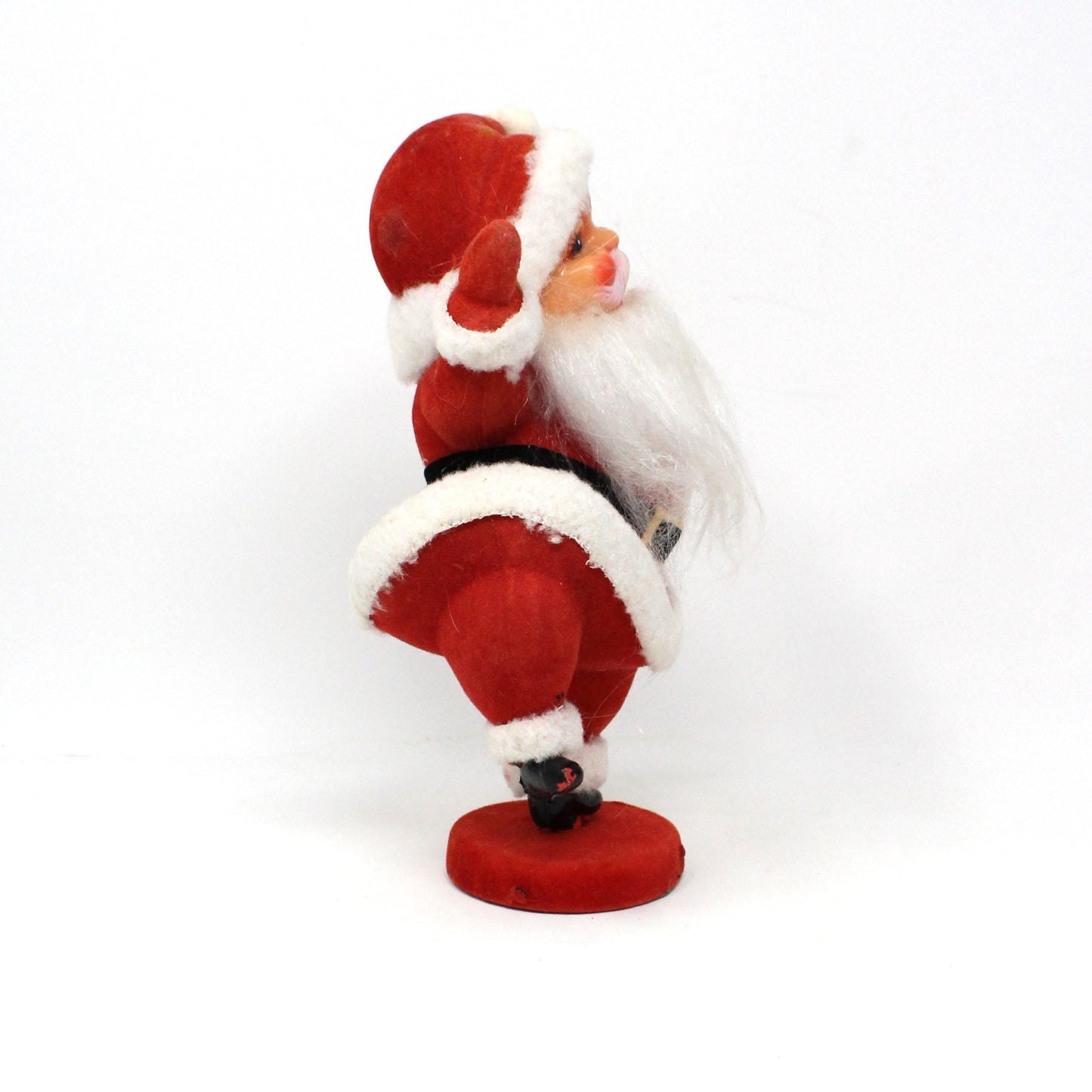 Figurine, Dancing Santa, Mid Century Flocked Santa Claus on Stand, Vintage