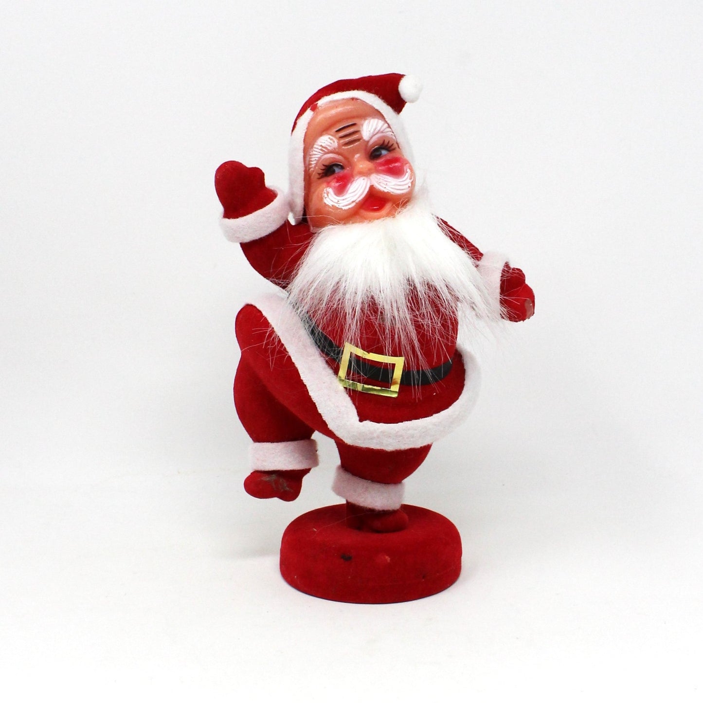 Figurine, Dancing Santa, Mid Century Flocked Santa Claus on Stand, Vintage