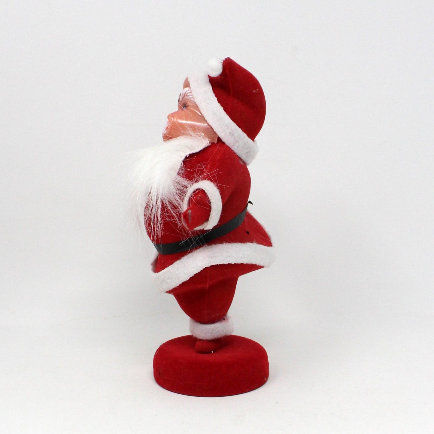 Figurine, Dancing Santa, Mid Century Flocked Santa Claus on Stand, Vintage