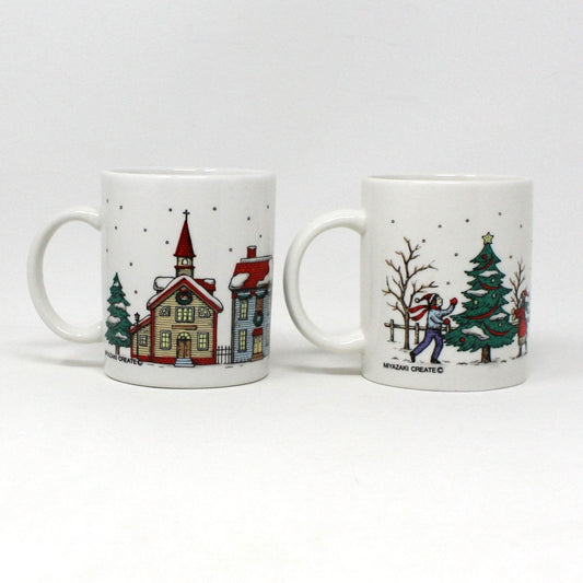 Mug, Sanyei, Christmas Village Mugs, Miyazaki Create, Ceramic, Set of 2, Vintage