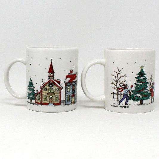 Vintage Christmas Mugs by Sanyei "Christmas Village" pattern, Miyazaki Create, Set of 2, China, 1993