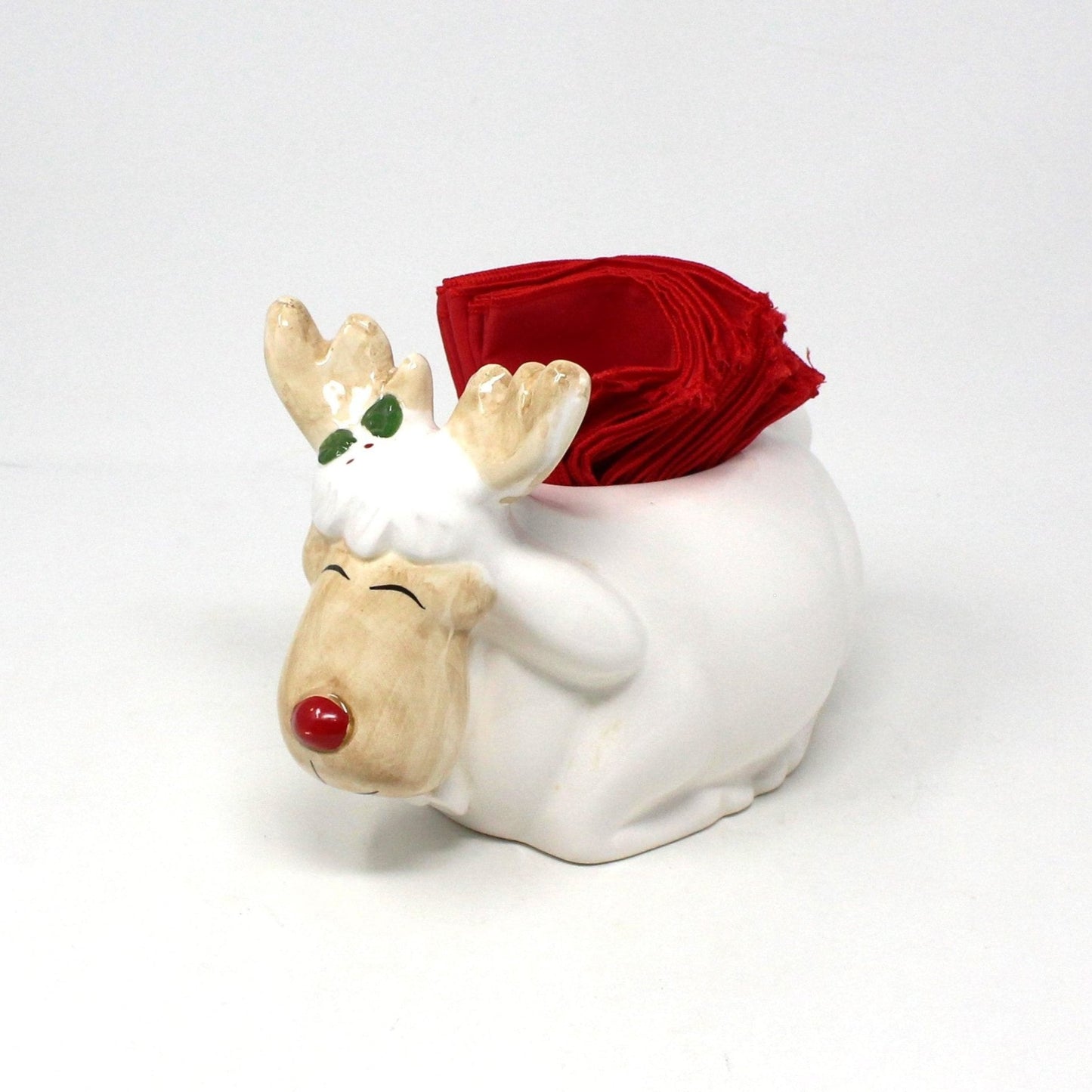 Napkin Holder, Christmas Moose with 12 Red Cloth Cocktail Napkins, Holiday Kitsch, Ceramic, Vintage