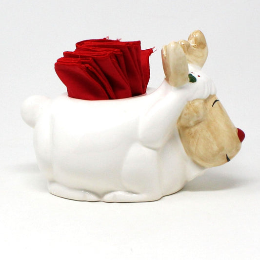 Napkin Holder, Christmas Moose with 12 Red Cloth Cocktail Napkins, Holiday Kitsch, Ceramic, Vintage