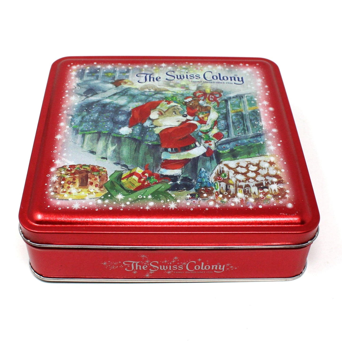 Tins, Gift Tin / Cookie Tin, Swiss Colony Christmas Chris Mouse Red Collectible Tin