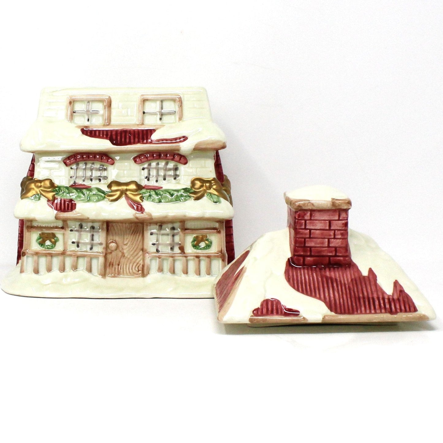 Cookie Jar, Figural House Shaped, Victorian Christmas House, Pink & White, Ceramic, Vintage