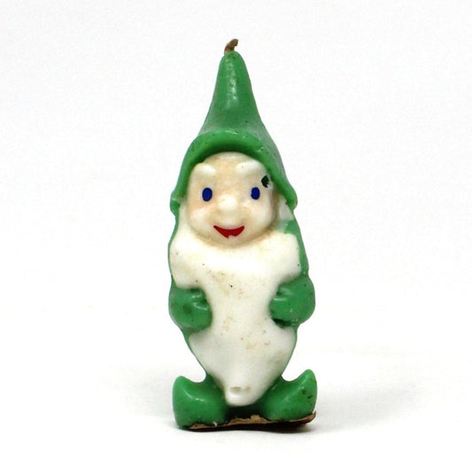 Vintage Gurley novelty candle depicting a green elf or gnome with a white beard, wearing a green hat and outfit.  Never been burned.