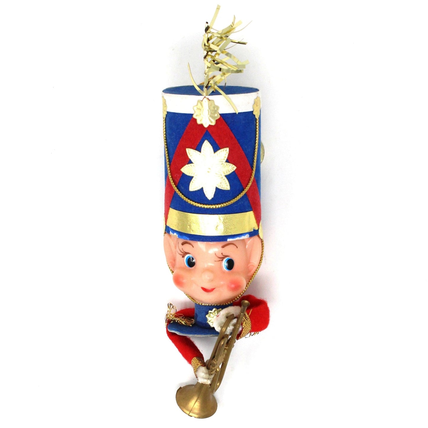 Vintage Christmas Ornament, Trumpet player, marching band leader with large blue and red hat, cellulose face and plastic trumpet. Kitsch holiday decor.