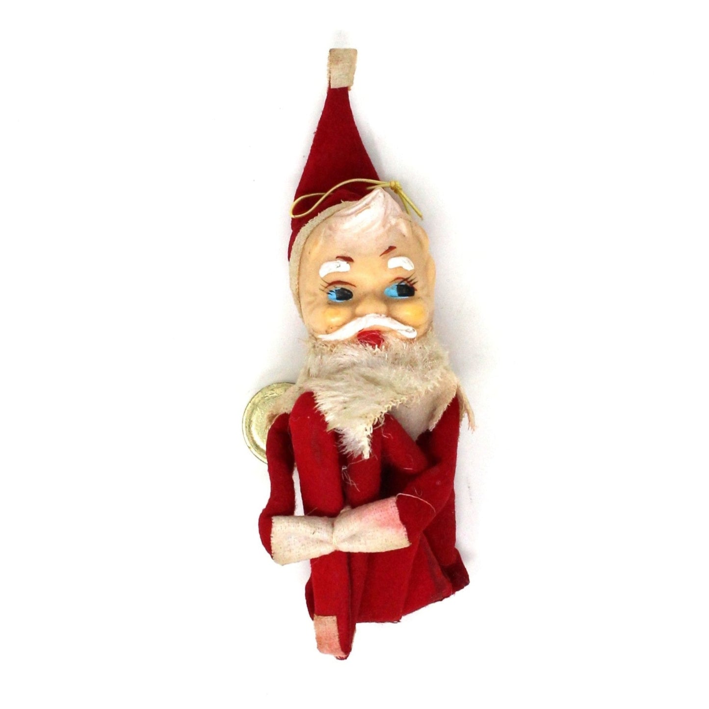 Vintage Christmas red felt Santa knee hugger ornament with a plush design. Hand Painted celluloid face.