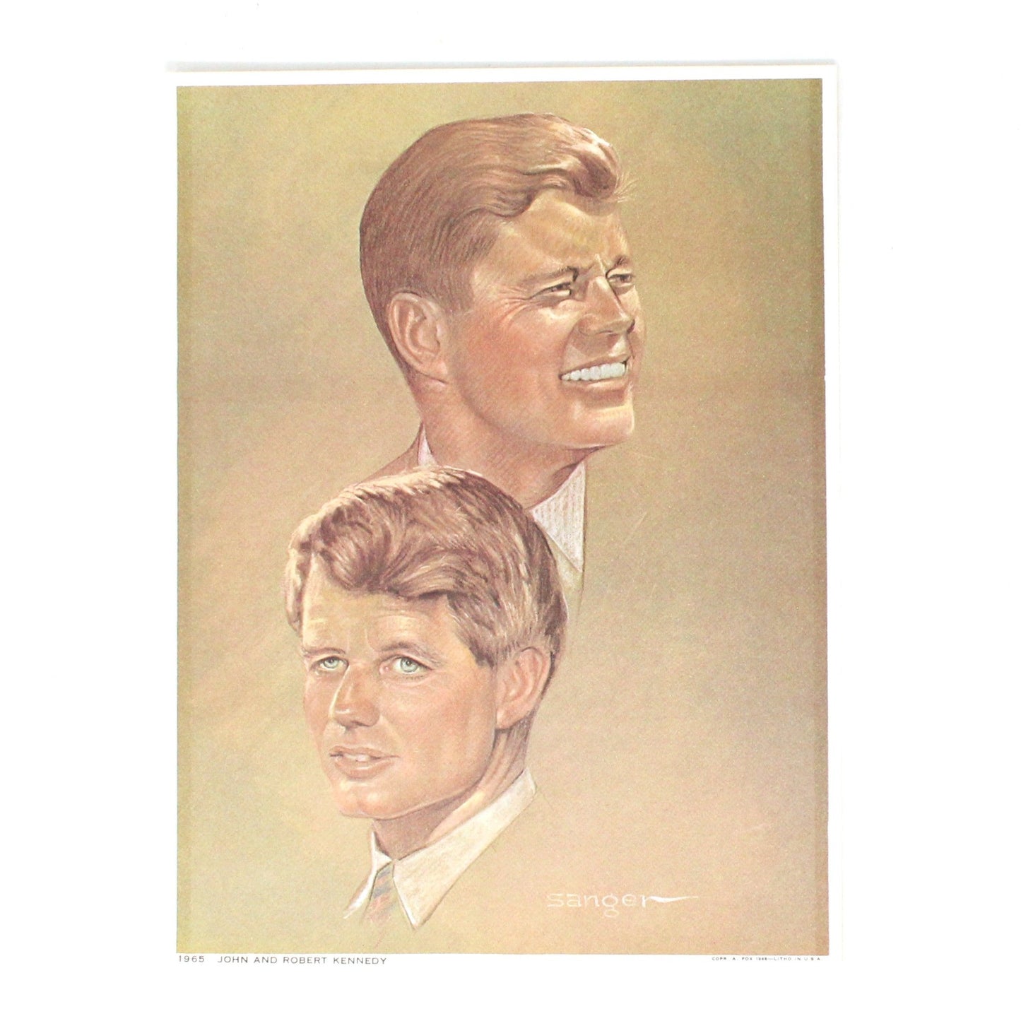 Print, Lithograph, John F. and Robert F Kennedy Portraits, Artist Signed Sanger, NOS, Vintage, 1968