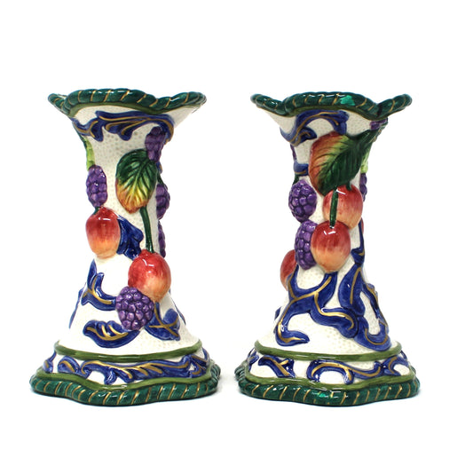 Candle Holders: Fitz & Floyd Florentine Fruit Pair, 5.75" Tall, China, 1997