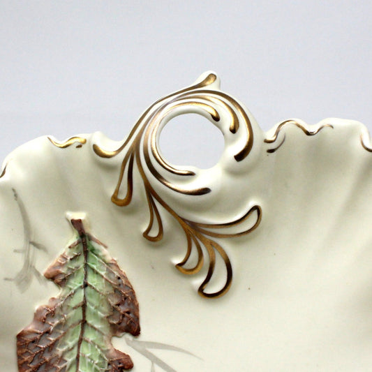 Bon Bon / Candy Dish with Handle, NIKONIKO, Leaf Shaped Dish, Hand Painted Fall Leaves, Fluted Border, Vintage