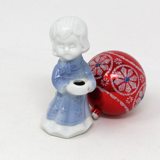 Vintage Figural Porcelain Candle Holder, Christmas Girl Caroler in Blue & White Gown by Berman and Anderson.  Holiday Home Decor.  Mid Century Collectible.