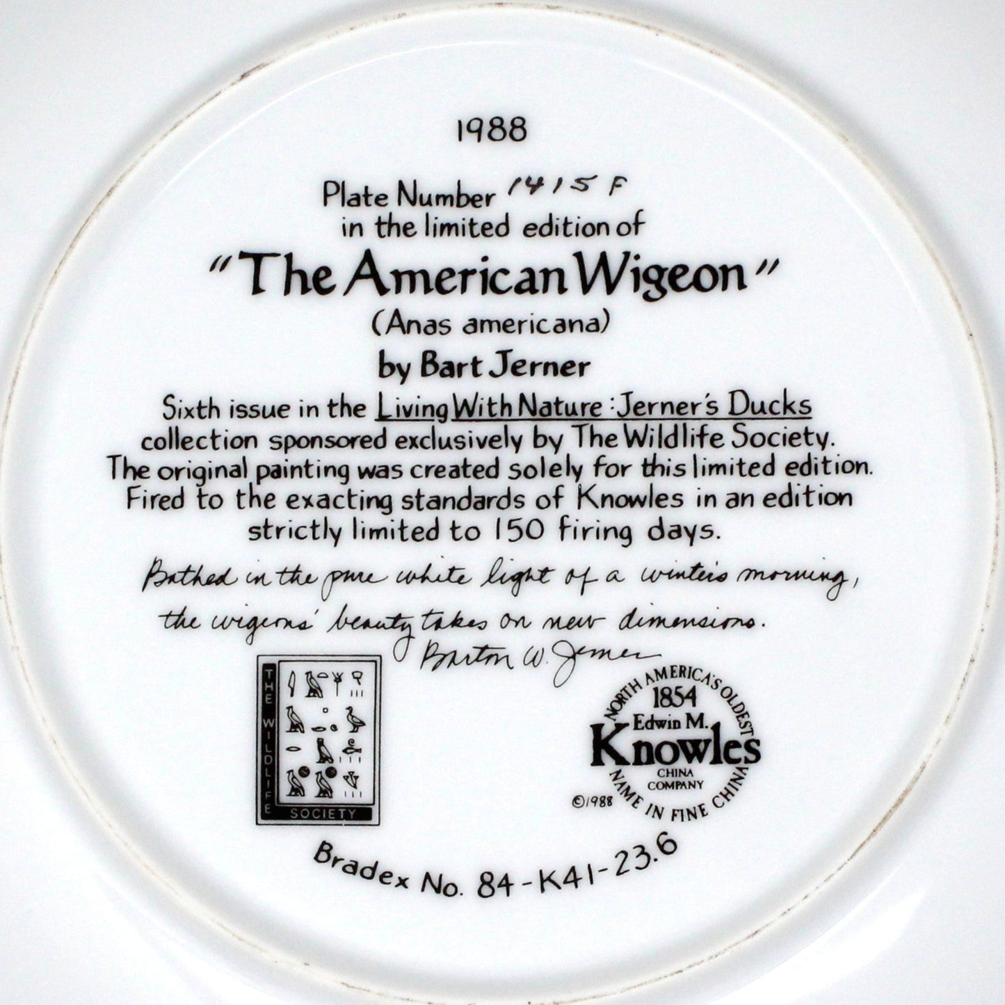 Decorative Plate, Knowles, The American Wigeon Duck, Jerner's Ducks, Vintage, 1988