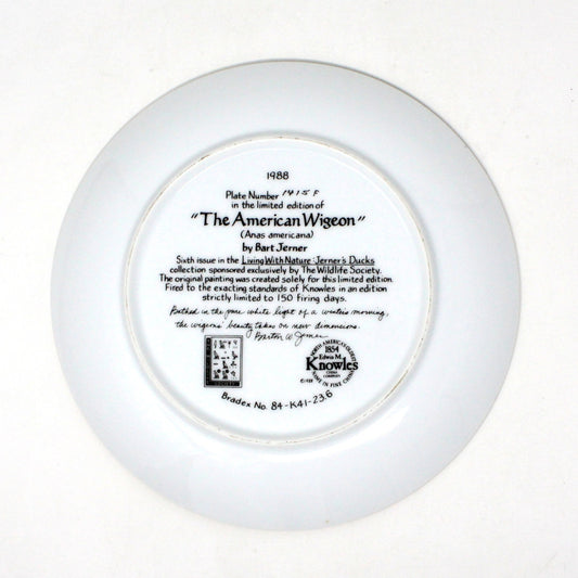 Decorative Plate, Knowles, The American Wigeon Duck, Jerner's Ducks, Vintage, 1988
