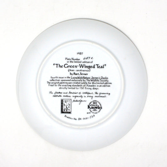 Decorative Plate, Knowles, The Green-Winged Teal Duck, Jerner's Ducks, Vintage, 1987, SOLD