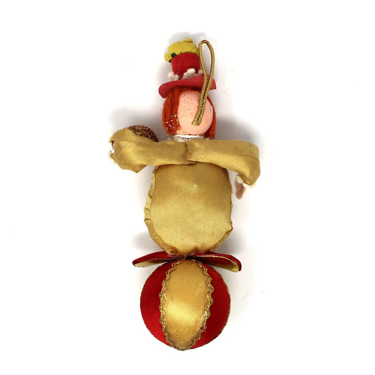 Ornament: Fabric Clown on Striped Ball, Red Gold & White, Vintage 1950s