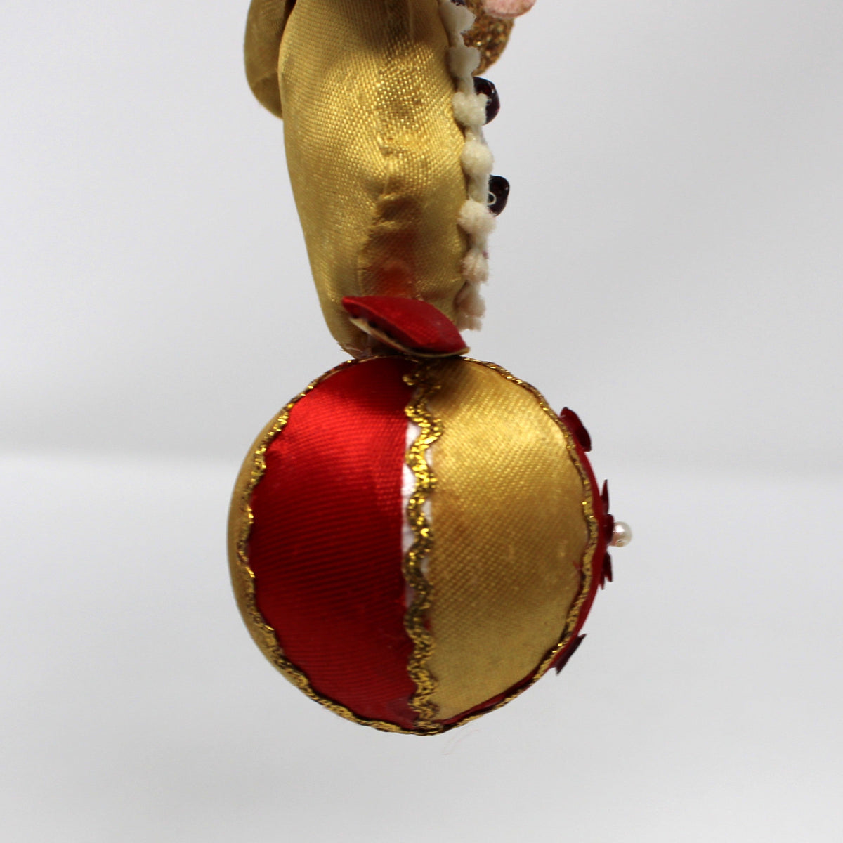 Ornament: Fabric Clown on Striped Ball, Red Gold & White, Vintage 1950s