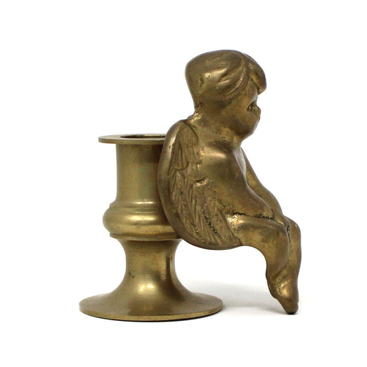 Candle Holder, Brass Sitting Cherub Angel, Taper Holder, Vintage