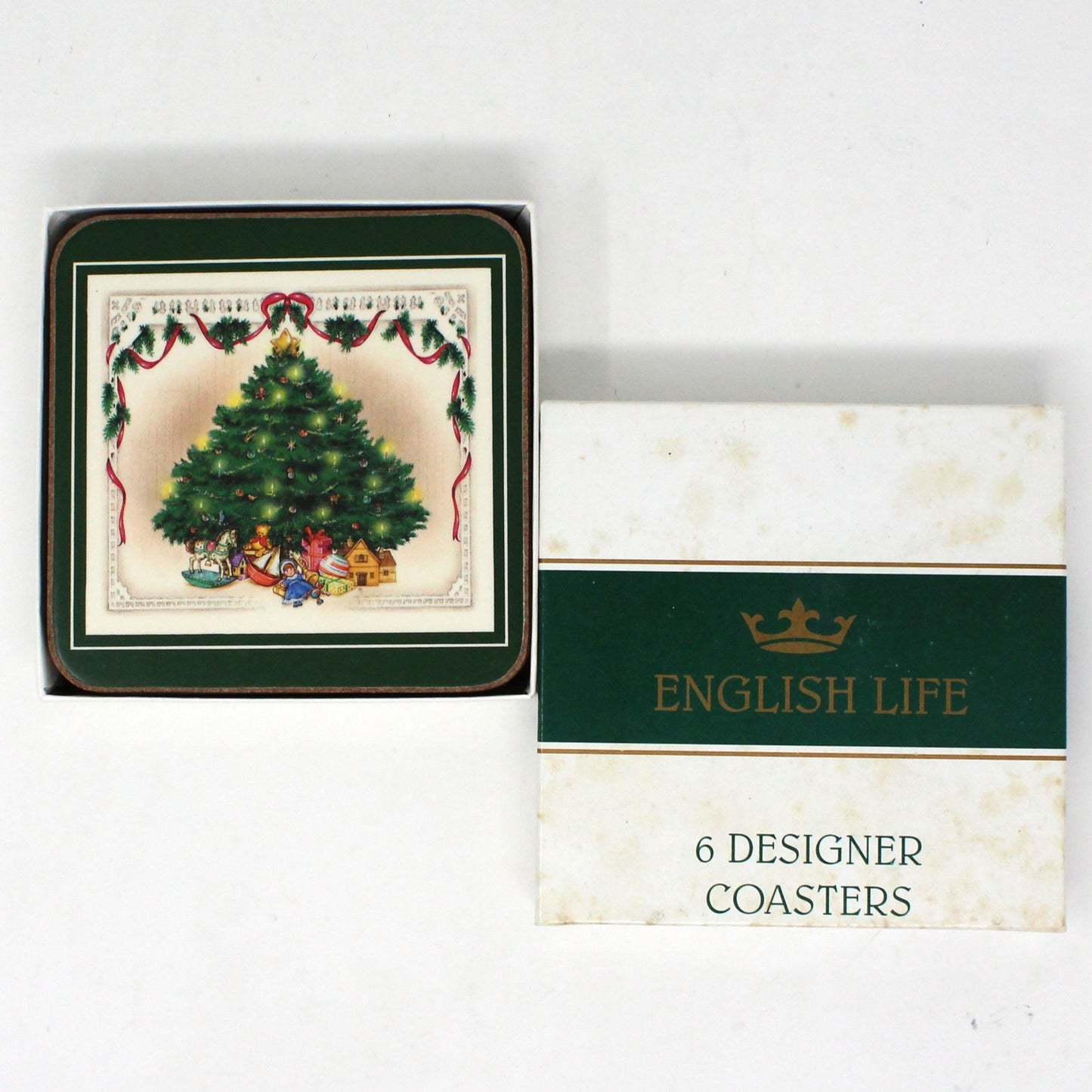 Coasters, English Life, Christmas Tree Image, Cork Backed, Set of 6, England, in Box, Vintage