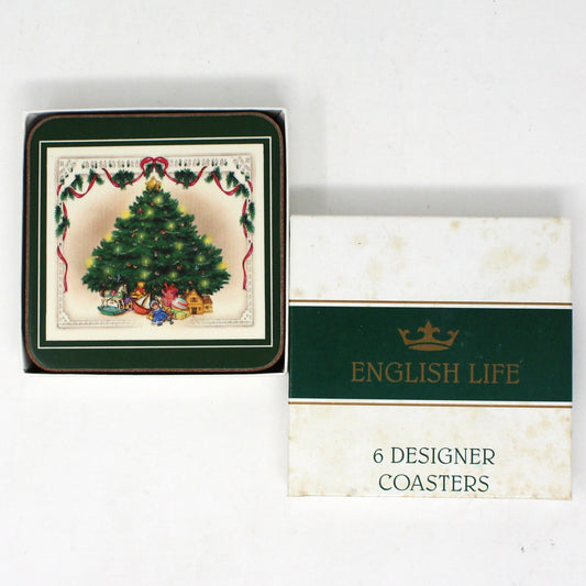Coasters, English Life, Christmas Tree Image, Cork Backed, Set of 6, England, in Box, Vintage