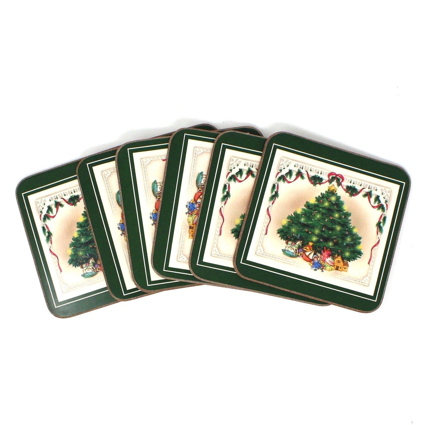 Coasters, English Life, Christmas Tree Image, Cork Backed, Set of 6, England, in Box, Vintage