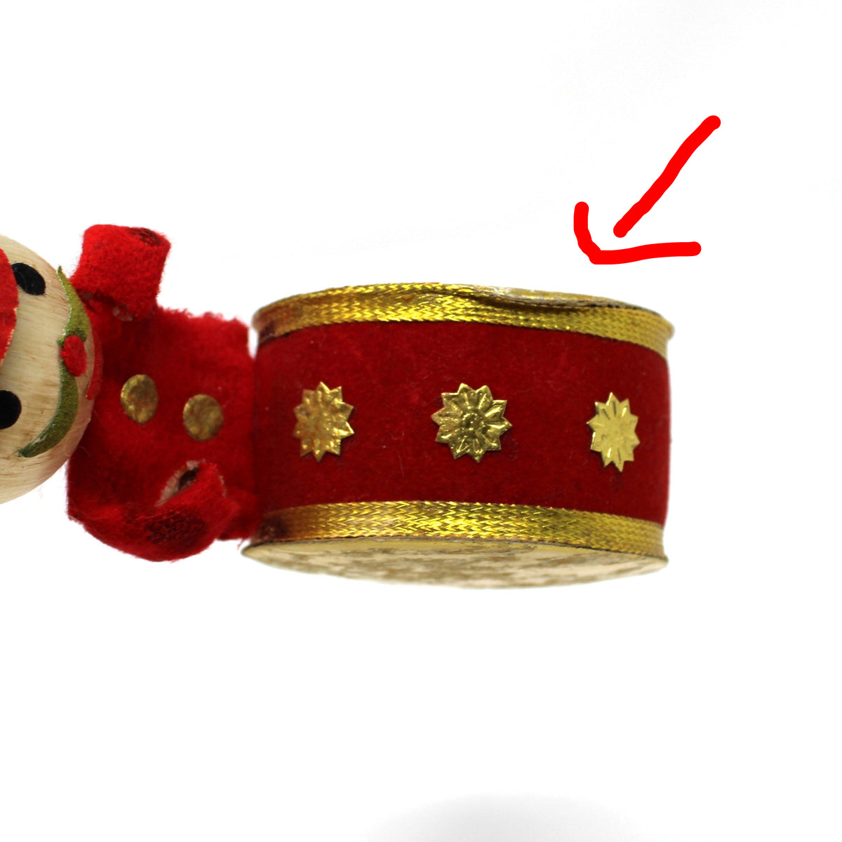 Ornament: Toy Soldier Marching Band Drummer Boy, Red White & Gold, Japan, Vintage 1950s