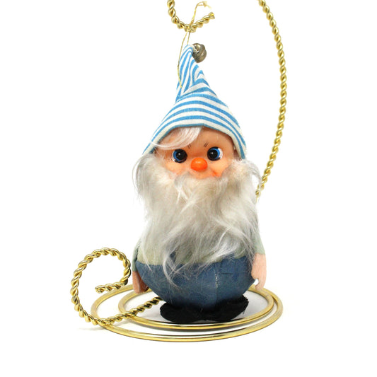 Ornaments, Elf with Overalls and Long Beard, Blue & White, Christmas Kitsch, W. Germany, Vintage