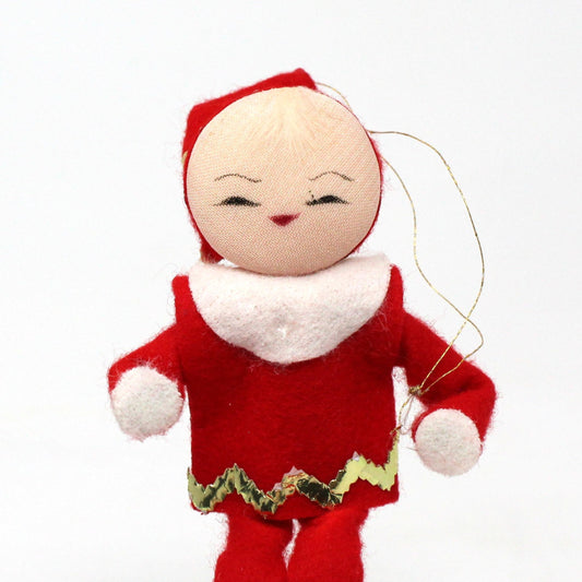 Ornaments, Pixie Elf Doll Ornament, Christmas Felt Red Gold & White Posable Elf, Kitsch, Vintage
