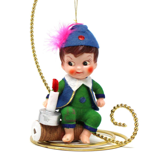 Vintage Christmas Ornament, Jack Be Nimble Nursery Rhyme Shelf Sitter.  Flocked Mid Century, Holiday Kitsch Tree Decor.