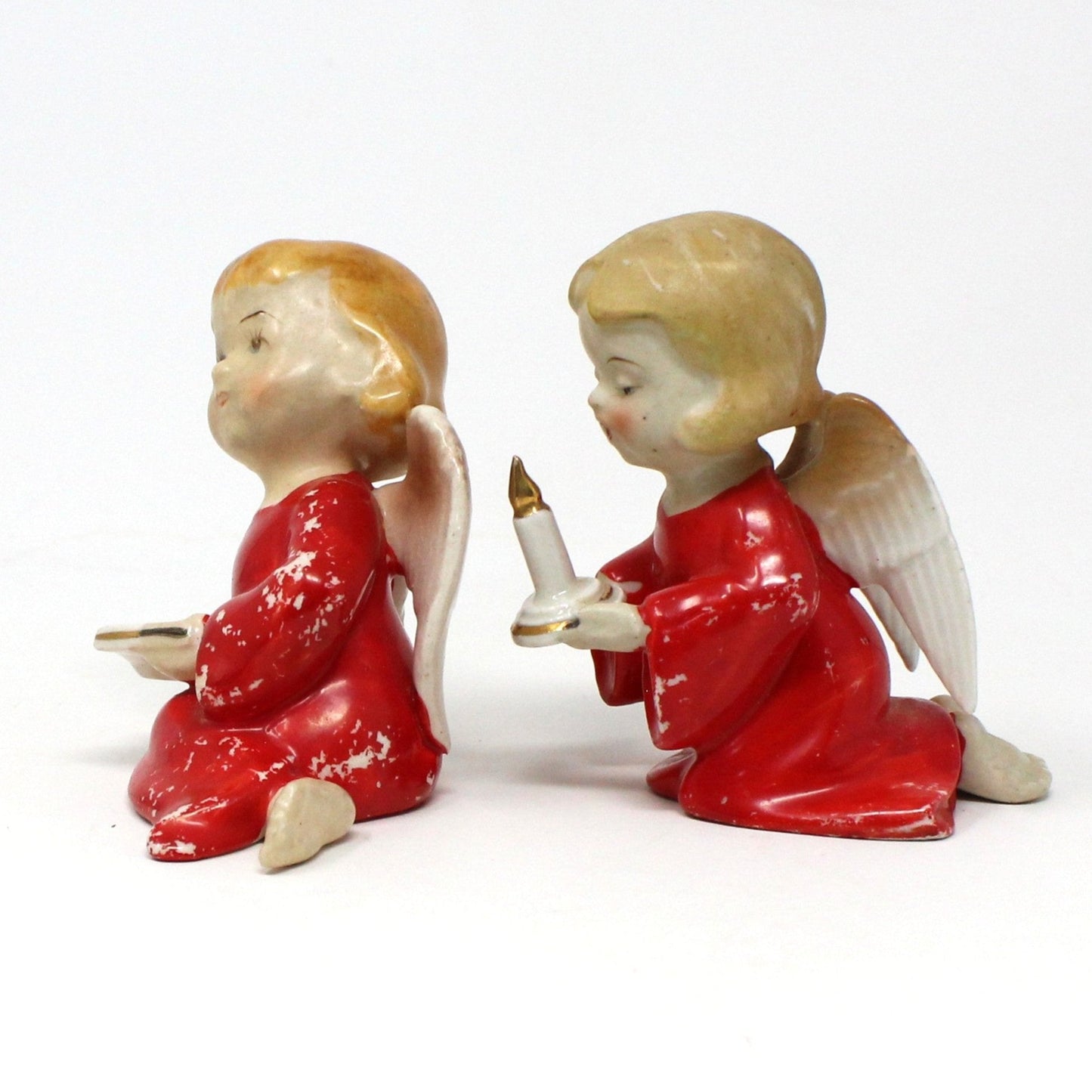 Figurine, Lipper & Mann, Christmas Angels, Hand Painted Porcelain, Set of Two, Angel with Book, Angel with Candle, Vintage