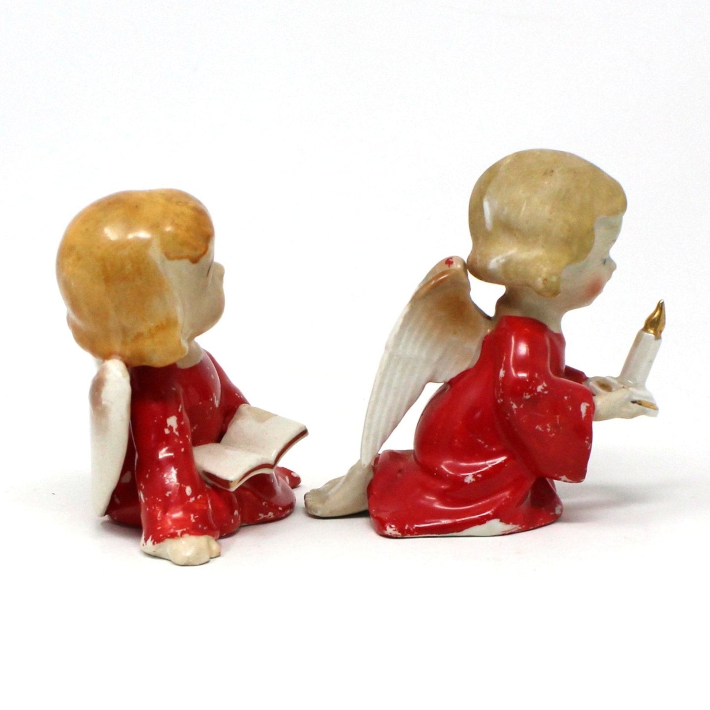Figurine, Lipper & Mann, Christmas Angels, Hand Painted Porcelain, Set of Two, Angel with Book, Angel with Candle, Vintage