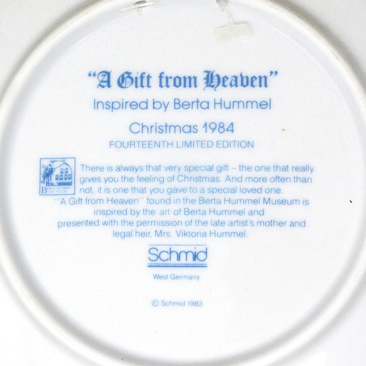 Decorative Plate, Schmid Brothers, Christmas Plate Hummel 1984, A Gift from Heaven, In Box, Vintage